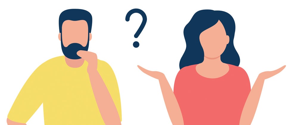 A cartoon of a man and woman with a question mark between them