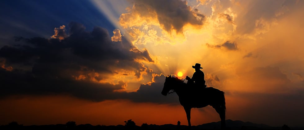 A person in a cowboyhat sitting on a horse in the middle of a sunset