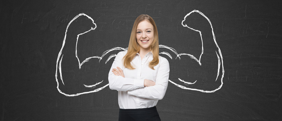 Woman standing confidently in front of two drawn flexed arms