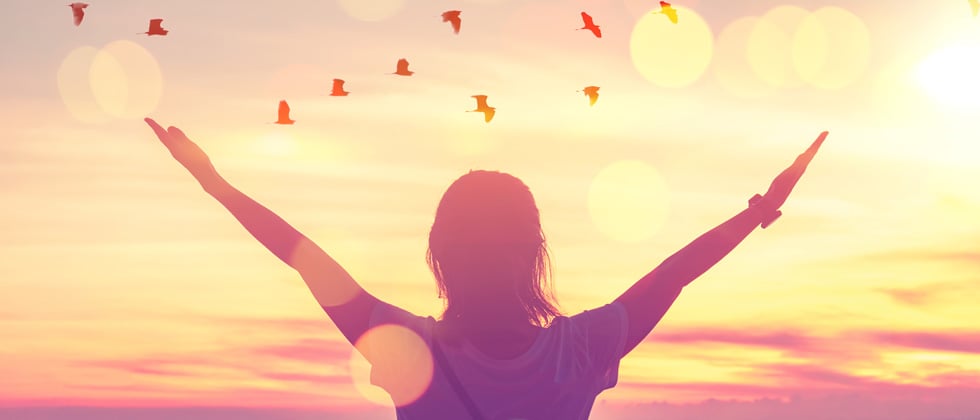 A woman with her arms open looking into the sunset with birds flying