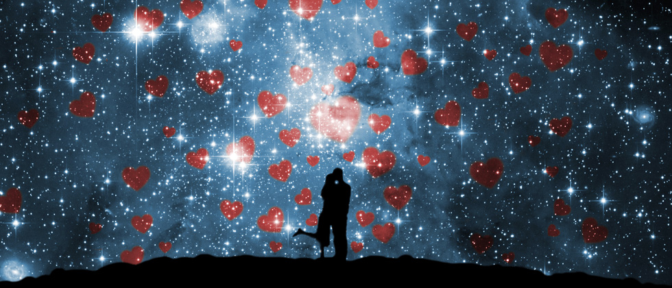 A couple sharing a kiss under a starry night with hearts filling the sky