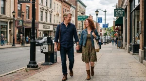 A couple walking the historic streets of yonkers hand in hand.