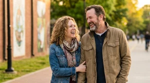 A couple walking the belt line in atlanta holding relaxed conversations.