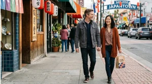 A couple strolling through japantown, san jose, hand in hand.