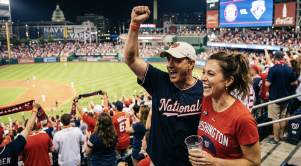 A couple cheering on a game of baseball at navy yard. (Generated with AI) (Generated with AI)