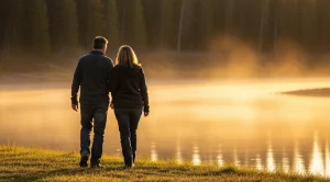 A couple walking chena river on a date in fairbanks.