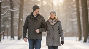 A couple enjoying a winter walk in hamilton next to snow and trees.