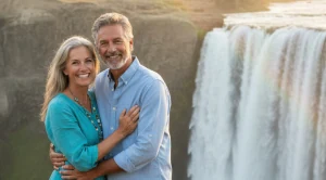 A couple exploring shoshone falls in idaho at sunset.