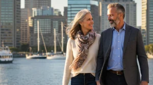 A couple walking inner harbor in baltimore.
