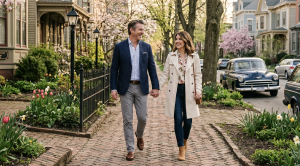 A couple walking hand in hand through the historic streets of rochester, ny. (Generated with AI)