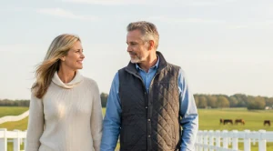 A couple walking a horse farm in lexington.