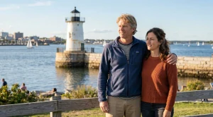 A couple in front of the bug light park in south portland, maine.