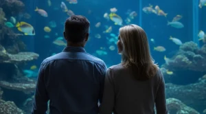 A couple enjoying a date at the aquarium.