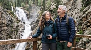A couple enjoying a hike at seven falls, colorado springs. (Generated with AI)