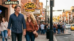 A couple walking the historic streets of nashville.
