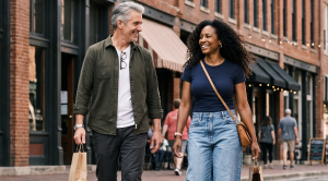 A couple stroll through Lincoln's historic Haymarket District in Nebraska. (Generated with AI)