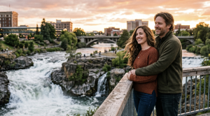 A couple standing together near the spokane river. (Generated with AI)