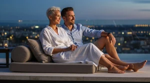 A couple relaxing at a poolside lounge in las vegas. 