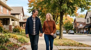 A couple strolling hand in hand through the streets of dundee.