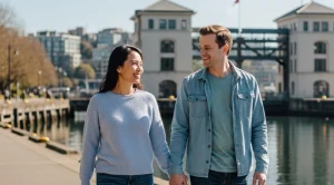 A couple walking hand in hand at the ballard locks in seattle.