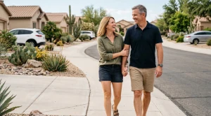 A couple strolling through rita ranch in tucson.