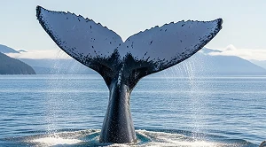 caudal fin of a whale outside the water.