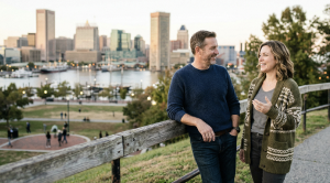 A couple enjoying a date at the federal hill park, baltimore.