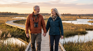 A couple walking hand in hand at bombay hook national widllife refuge near delaware. (Generated with AI)