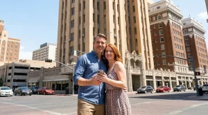 A couple taking pictures in front of o.t. basett tower in el paso.