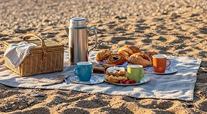 A picnic blanket at the beach, with snacks and drinks.