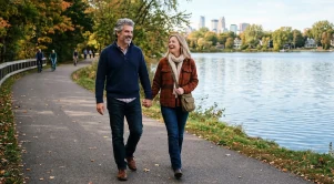 A couple strolling at lake of the isles in minneapolis.