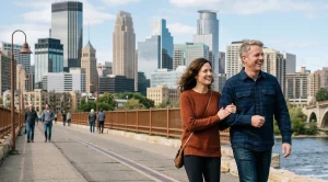 A couple strolling on the stone arch bridge in minneapolis.
