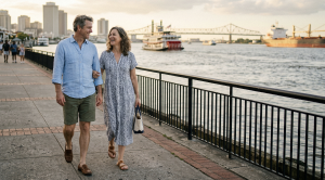 A couple walking hand in hand next to the mississippi river, new orleans.