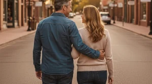A couple strolling old colorado city, side by side.