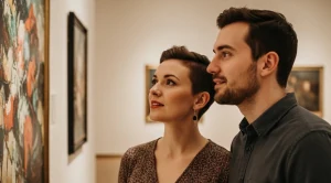 A couple visiting the portland art museum and looking at art together.