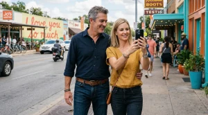 A couple taking pictures at south congress ave in austin, texas.