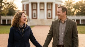 A couple strolling hand in hand at the university of virginia campus. 