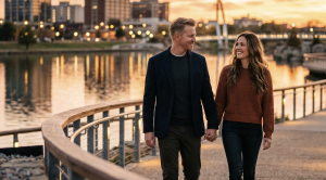 A couple walking hand in hand next to the arkansas river in Wichita. (Generated with AI) (Generated with AI)