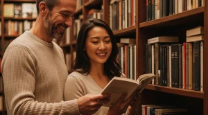 A couple are looking at a book in a bookshop.