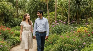 A couple are strolling through a botanical garden.