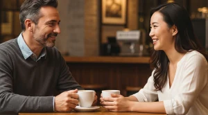 A couple chatting in a coffee shop.