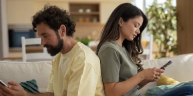 A couple sitting back-to-back, each looking at their phone.