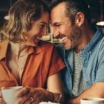 A couple in their 40s on a date laughing and looking at each other.