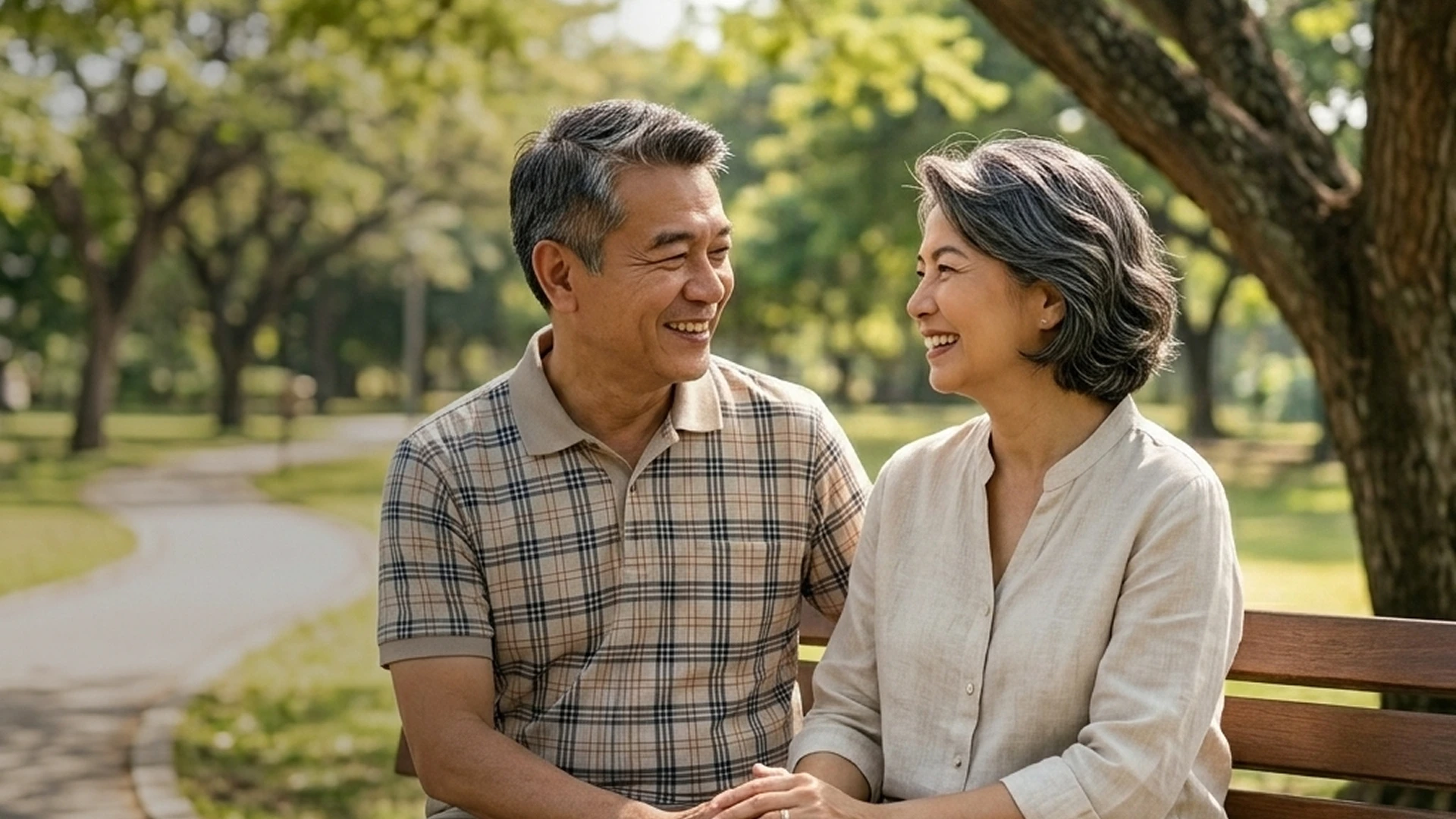 A Filipino couple sitting in a park on a bench (Generated with AI)