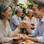 Thai couple sitting in a café holding hands and smiling at each other (Generated with AI)