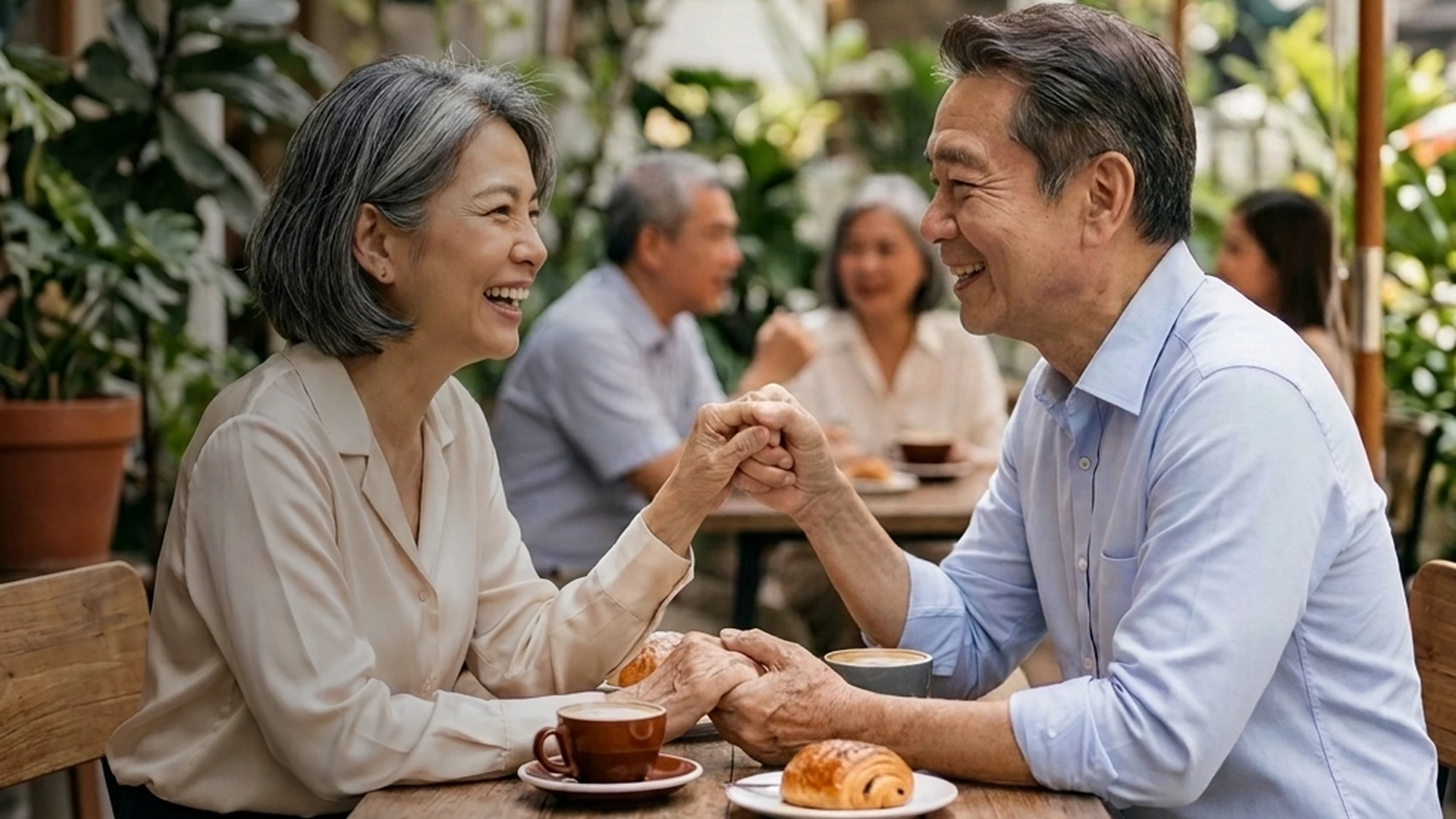 Thai couple sitting in a café holding hands and smiling at each other (Generated with AI)
